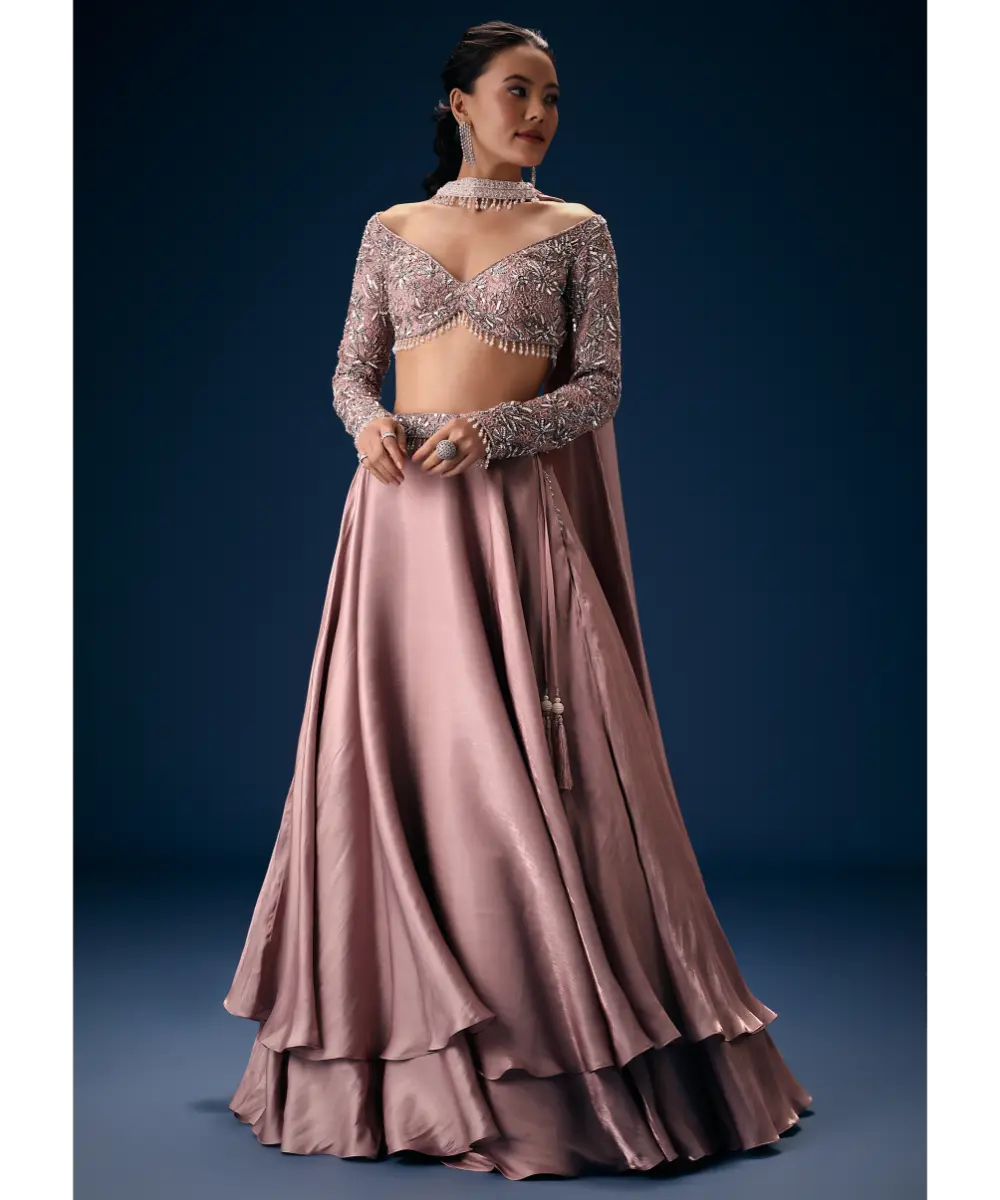 KALKI - Onion Pink Embroidered Blouse With Lehenga And Choker Dupatta