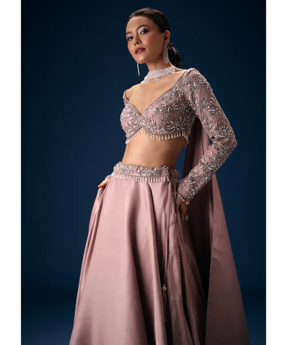 KALKI - Onion Pink Embroidered Blouse With Lehenga And Choker Dupatta