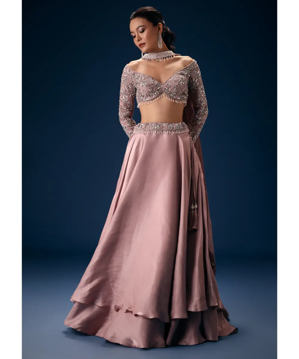 KALKI - Onion Pink Embroidered Blouse With Lehenga And Choker Dupatta
