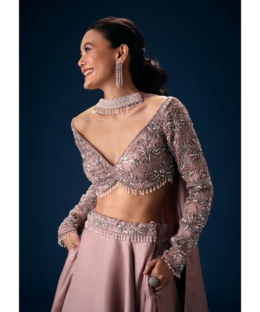 KALKI - Onion Pink Embroidered Blouse With Lehenga And Choker Dupatta