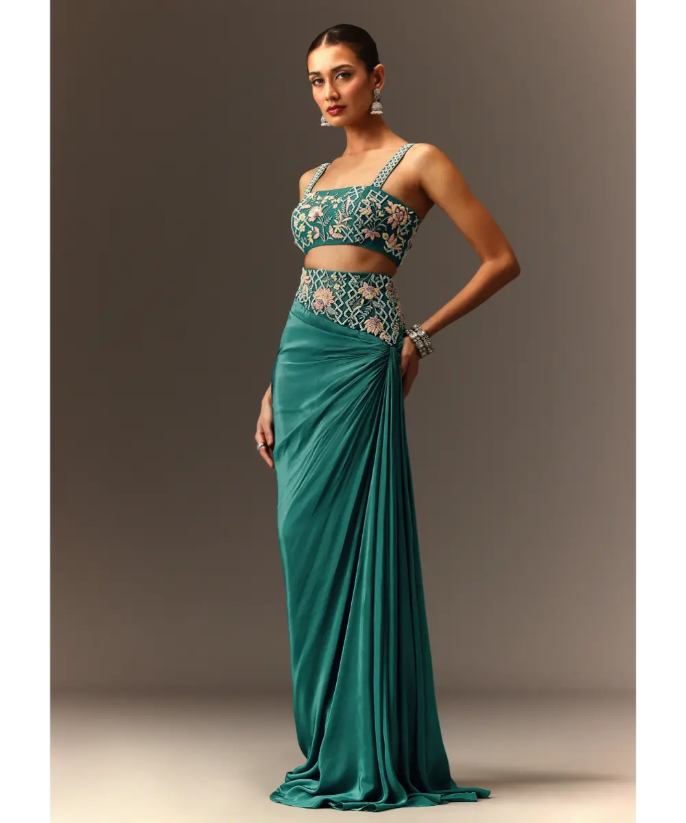 KALKI - Blue Hand Embroidered Blouse And Drape Skirt With Cape