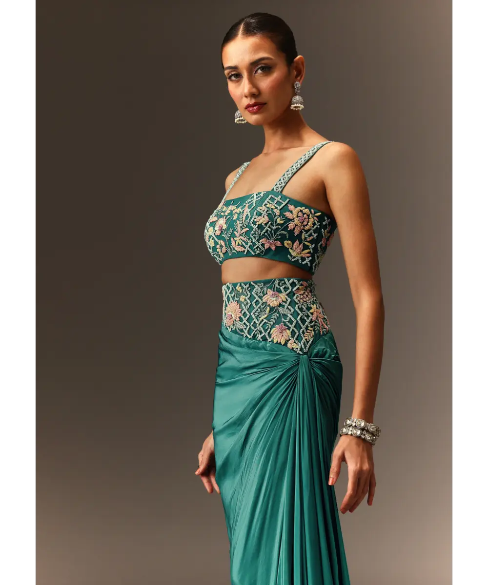 KALKI - Blue Hand Embroidered Blouse And Drape Skirt With Cape