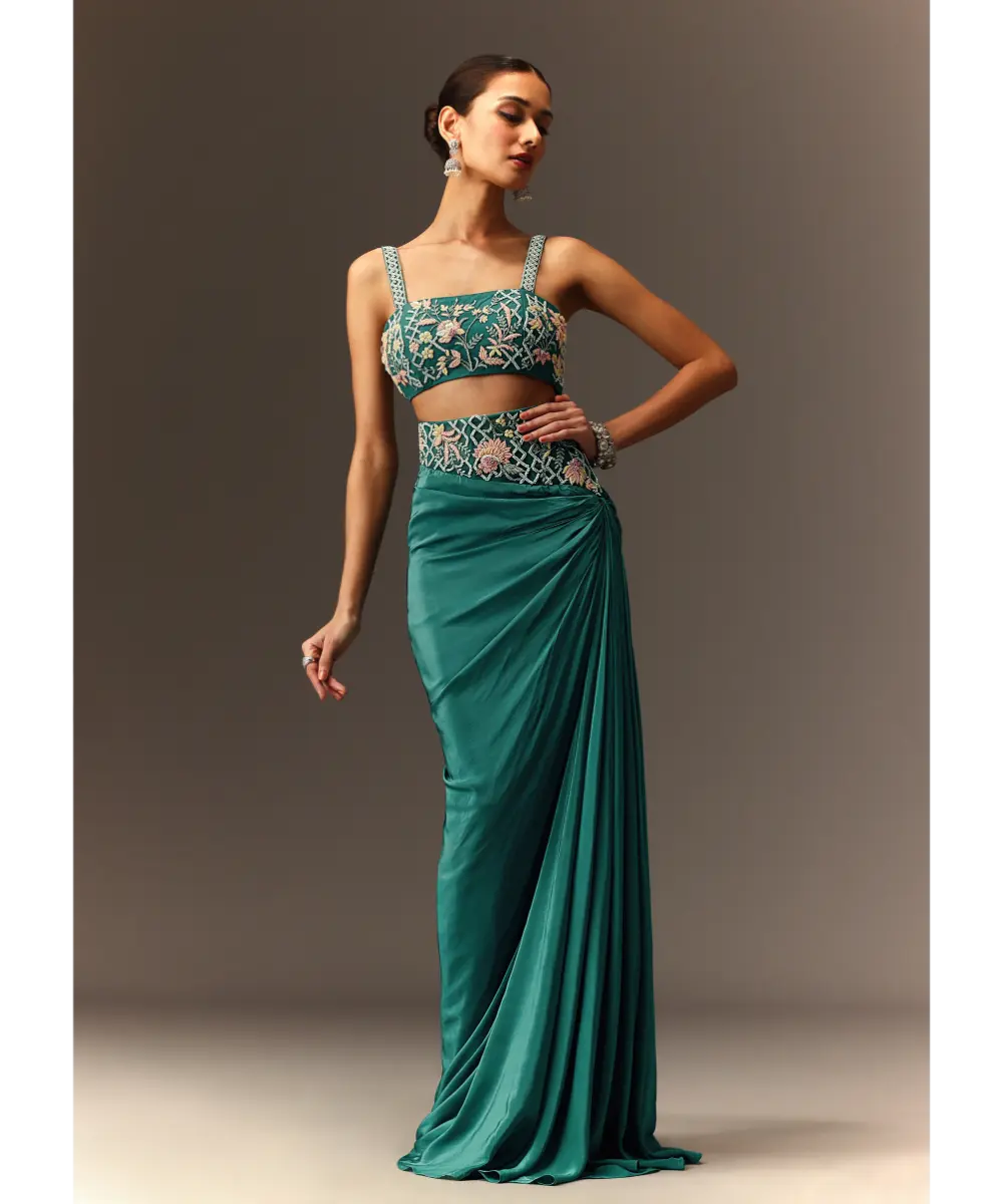 KALKI - Blue Hand Embroidered Blouse And Drape Skirt With Cape