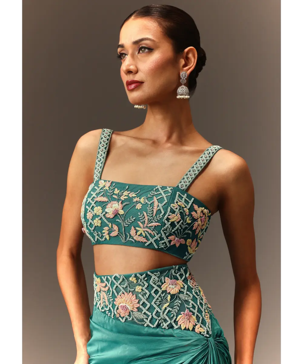 KALKI - Blue Hand Embroidered Blouse And Drape Skirt With Cape