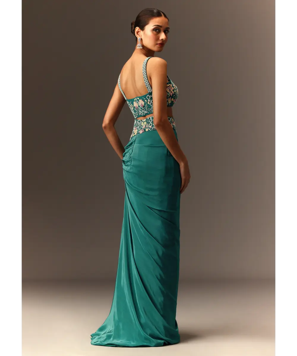 KALKI - Blue Hand Embroidered Blouse And Drape Skirt With Cape