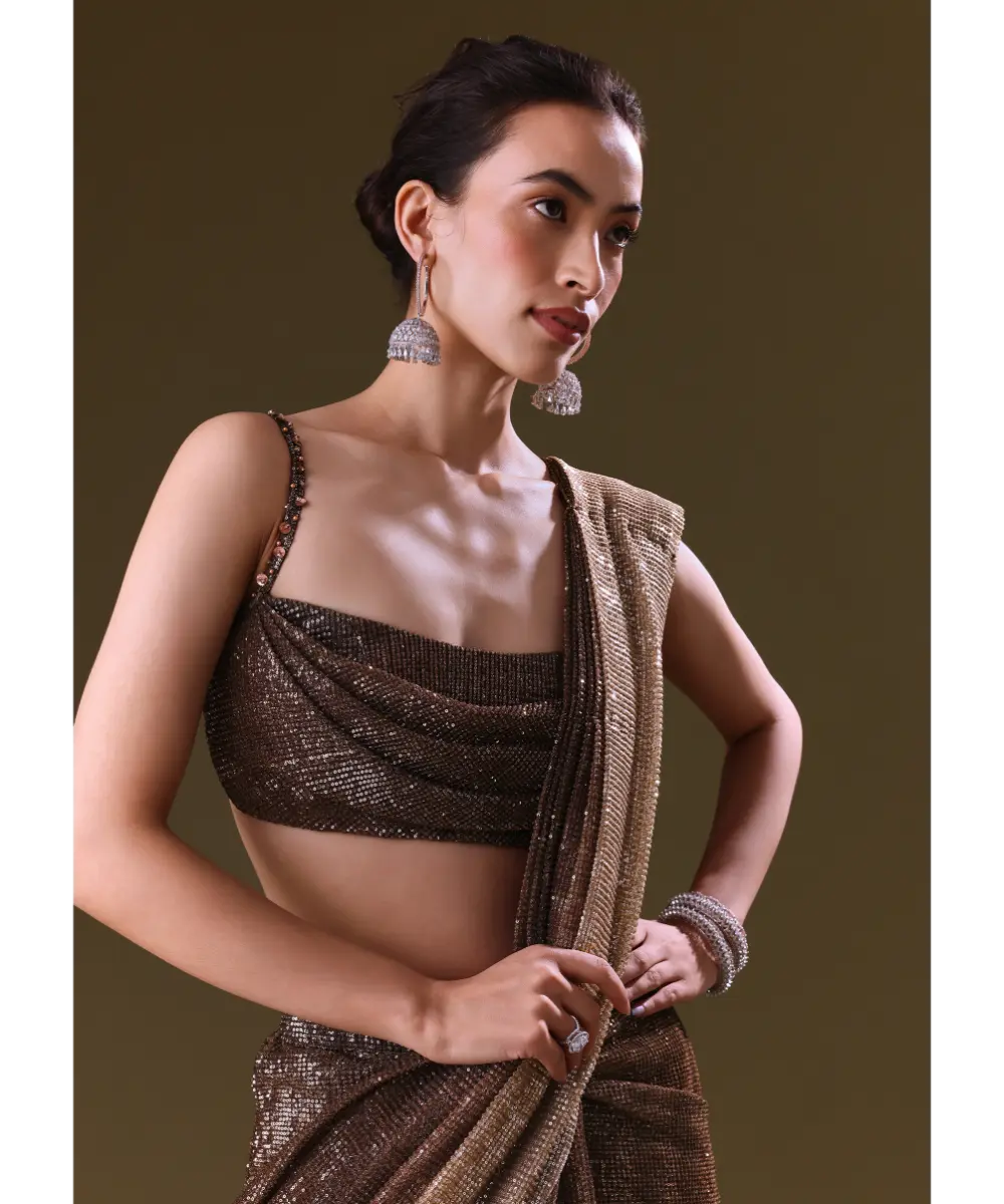 KALKI - Brown Pre Stitched Saree With Cowl Blouse