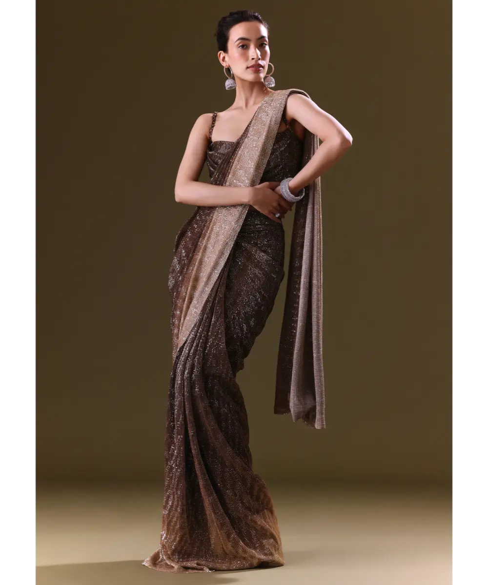 KALKI - Brown Pre Stitched Saree With Cowl Blouse