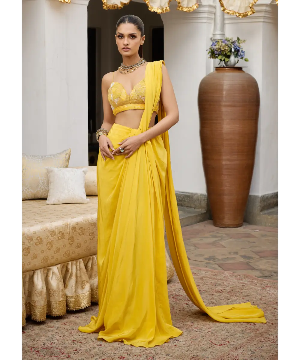 KALKI - Yellow Crepe Draped Saree With Embroidered Blouse