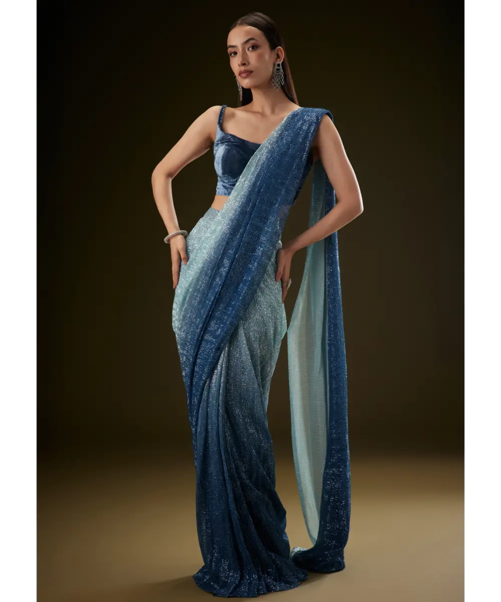 KALKI - Teal Ombre Sequence Ready To Wear Saree With Velvet Blouse