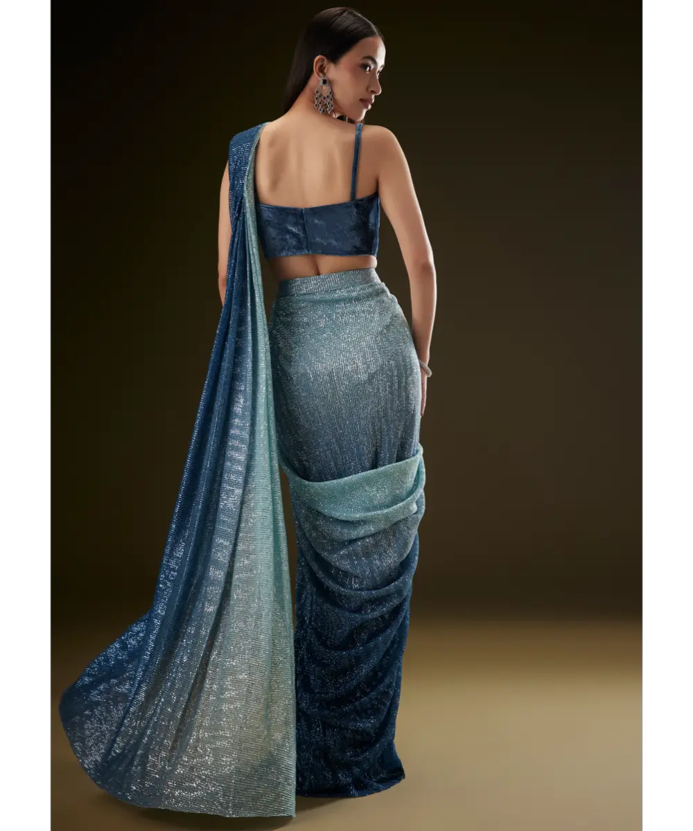 KALKI - Teal Ombre Sequence Ready To Wear Saree With Velvet Blouse