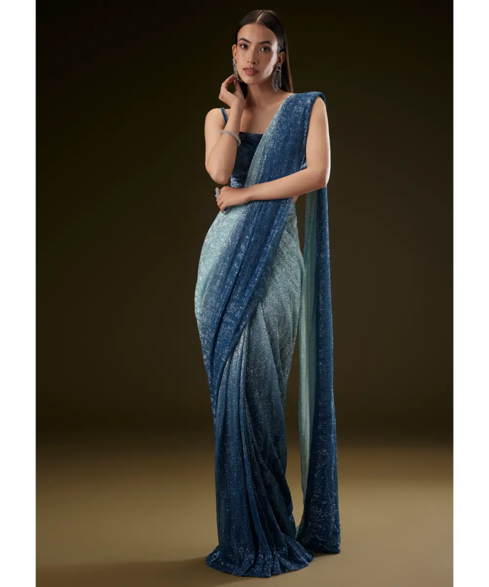 KALKI - Teal Ombre Sequence Ready To Wear Saree With Velvet Blouse