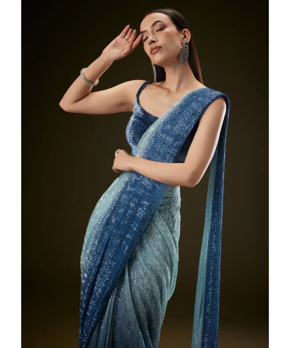 KALKI - Teal Ombre Sequence Ready To Wear Saree With Velvet Blouse