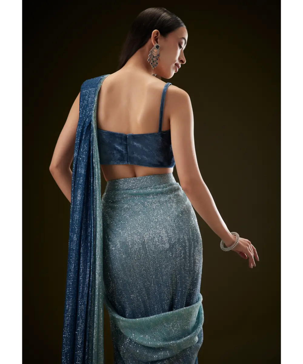 KALKI - Teal Ombre Sequence Ready To Wear Saree With Velvet Blouse