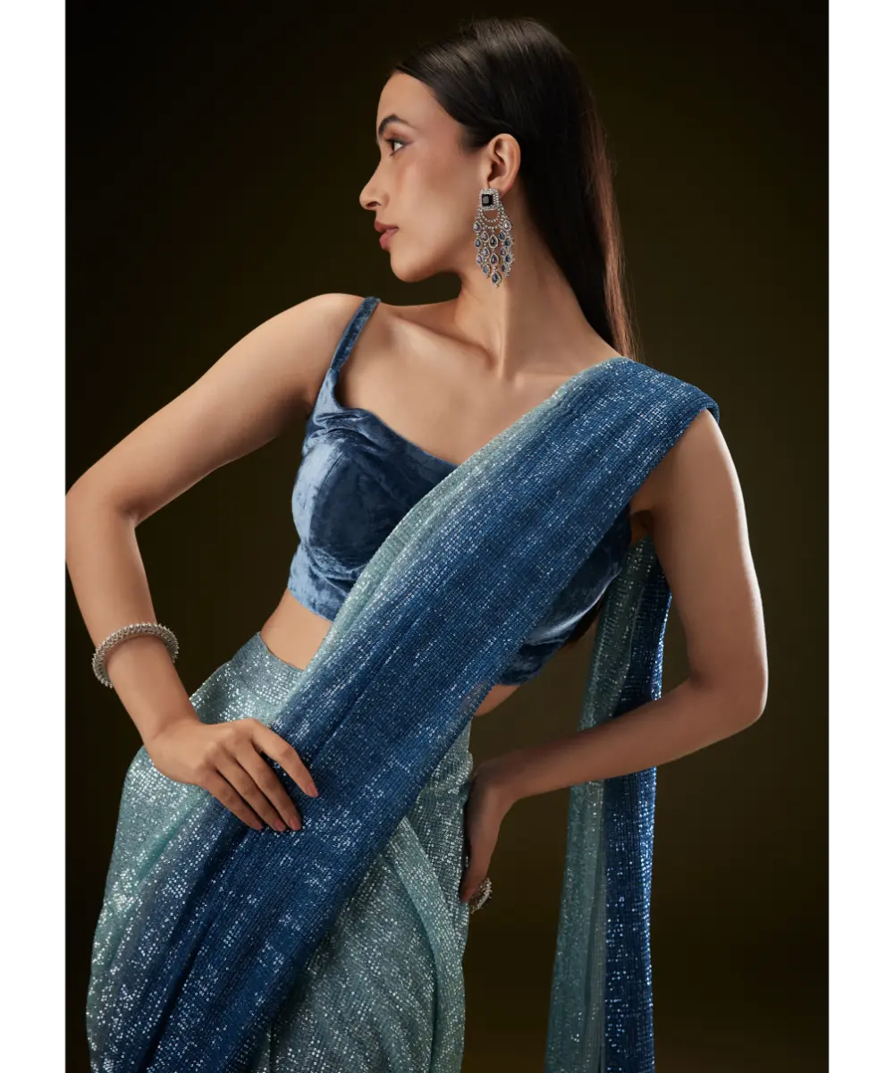KALKI - Teal Ombre Sequence Ready To Wear Saree With Velvet Blouse
