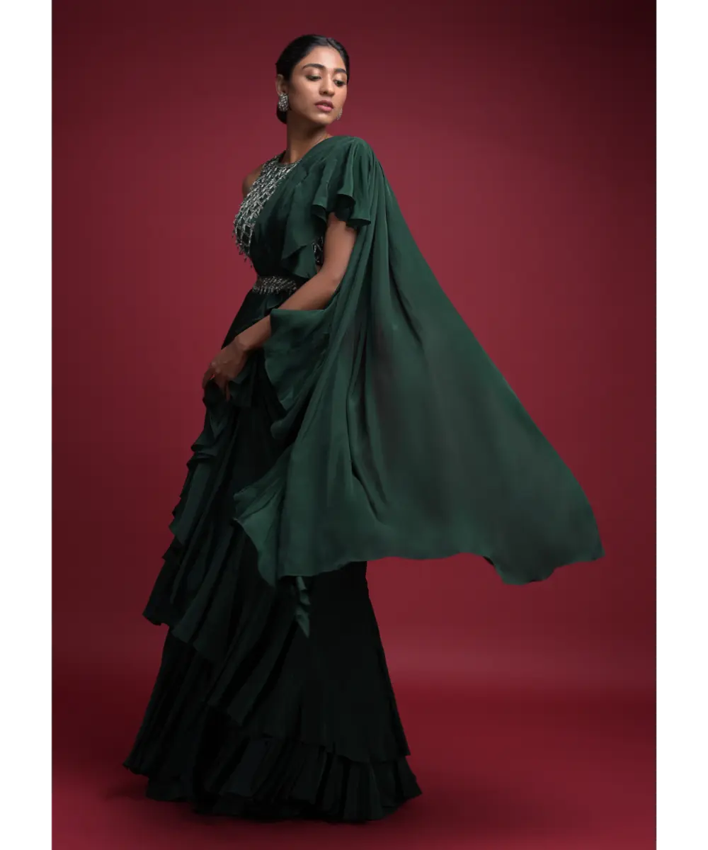 KALKI - Emerald Green Saree In Crepe With Ruffled Pallu And Layered Ruffles On The Pleats