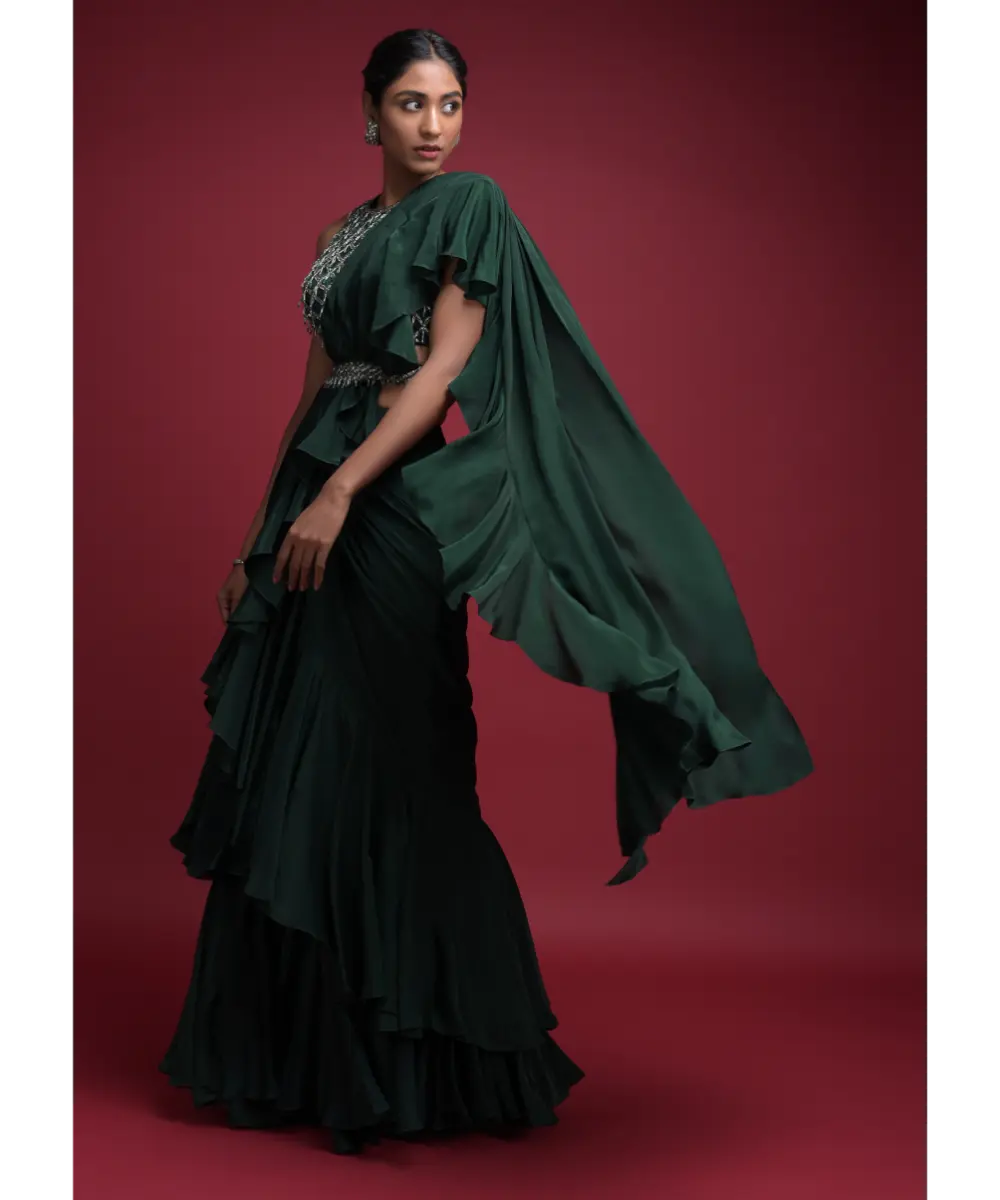 KALKI - Emerald Green Saree In Crepe With Ruffled Pallu And Layered Ruffles On The Pleats