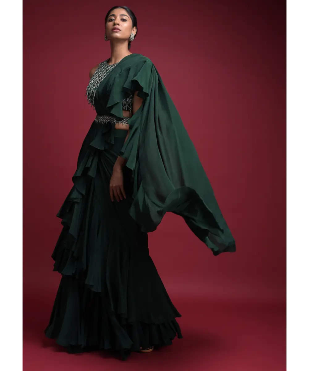 KALKI - Emerald Green Saree In Crepe With Ruffled Pallu And Layered Ruffles On The Pleats