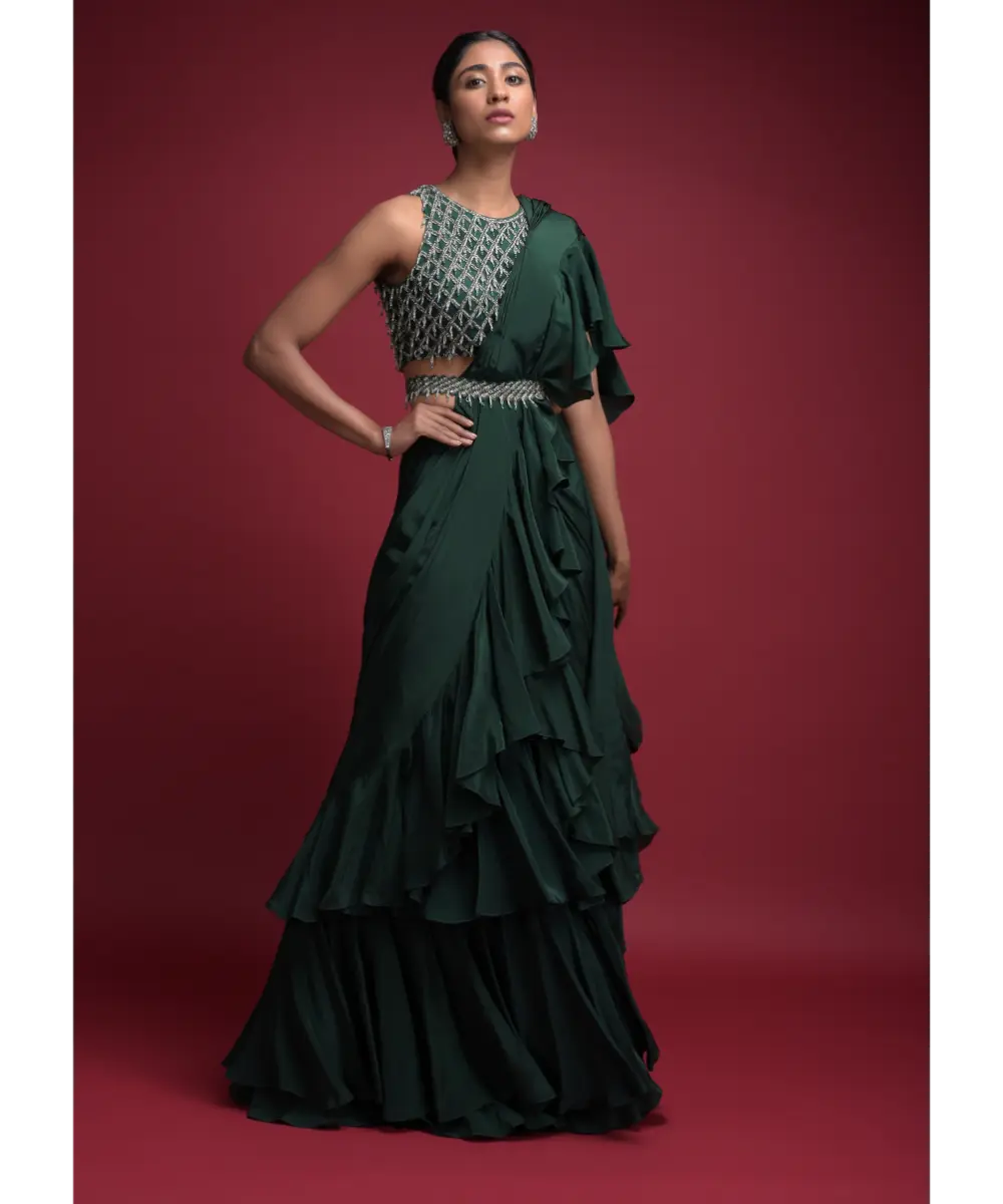 KALKI - Emerald Green Saree In Crepe With Ruffled Pallu And Layered Ruffles On The Pleats