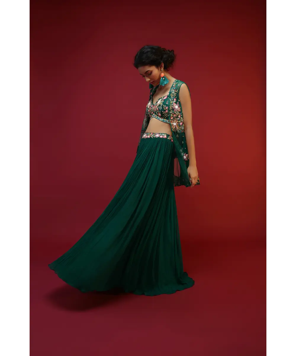 KALKI - Bottle Green Lehenga Choli And Sleeveless Peplum Jacket Adorned With Colorful Resham And Moti Embroidered Flowers