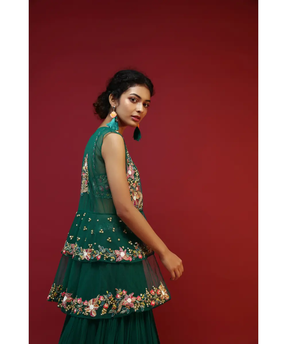 KALKI - Bottle Green Lehenga Choli And Sleeveless Peplum Jacket Adorned With Colorful Resham And Moti Embroidered Flowers