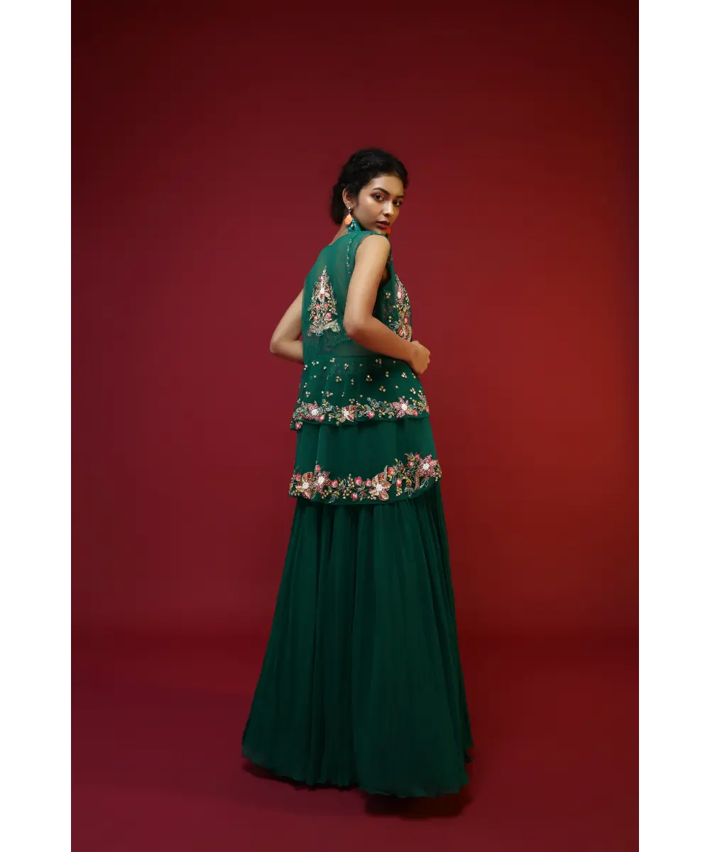 KALKI - Bottle Green Lehenga Choli And Sleeveless Peplum Jacket Adorned With Colorful Resham And Moti Embroidered Flowers