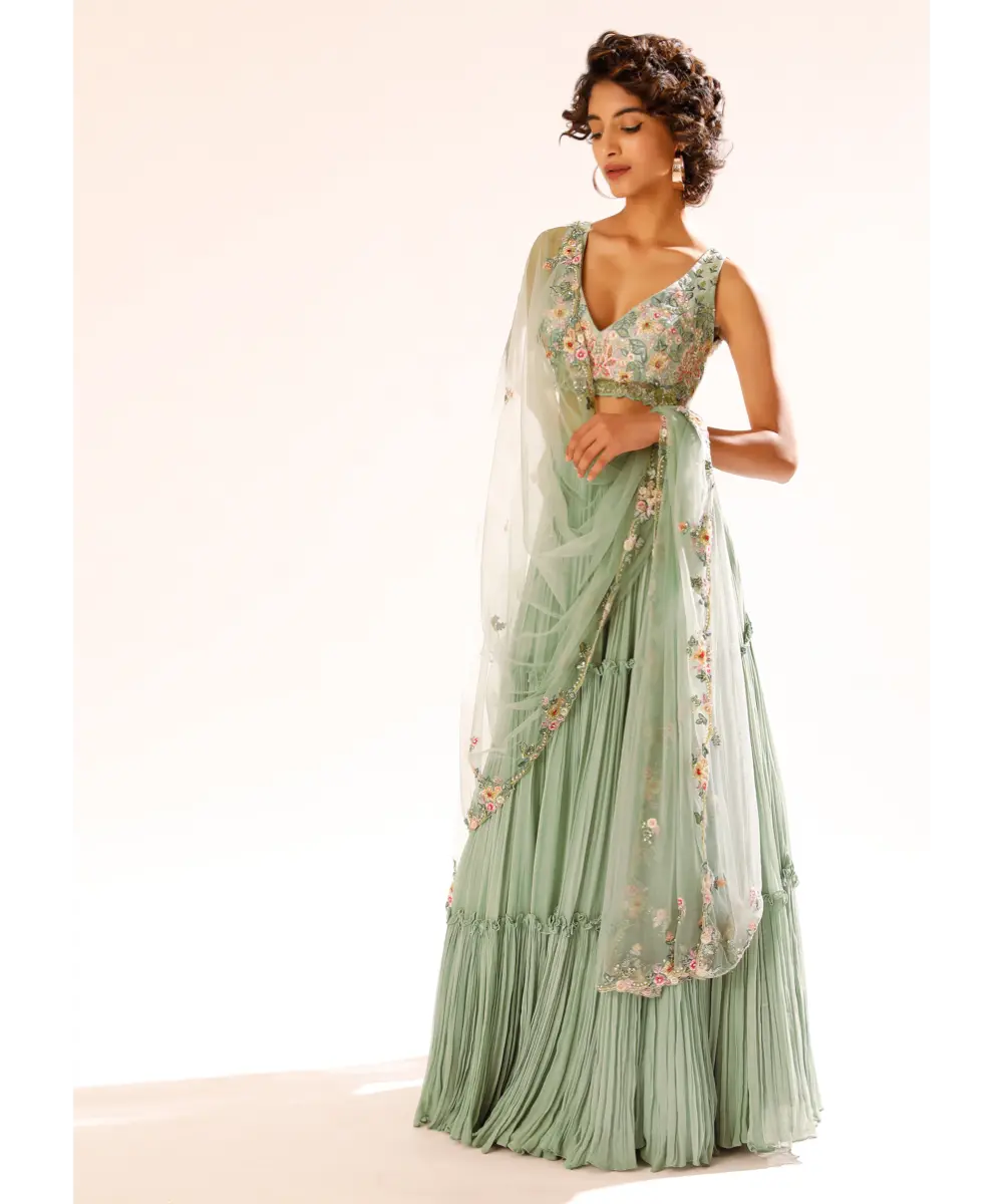 KALKI - Lily Green Tiered Lehenga With Colorful Resham And Moti Embroidery In Floral Motifs