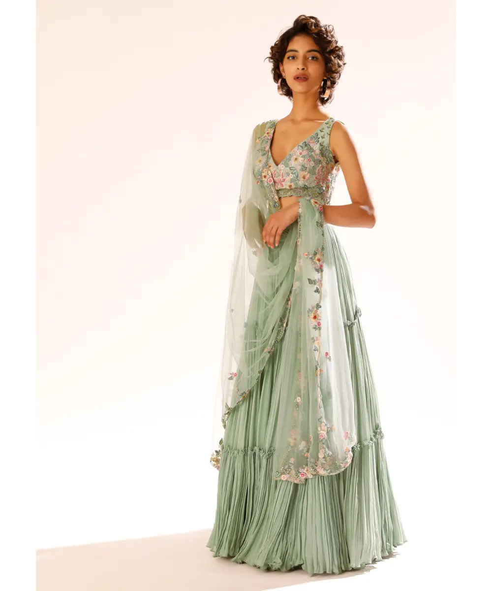 KALKI - Lily Green Tiered Lehenga With Colorful Resham And Moti Embroidery In Floral Motifs