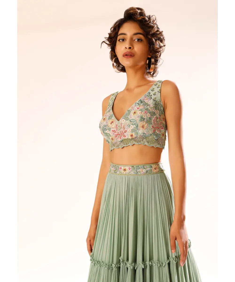 KALKI - Lily Green Tiered Lehenga With Colorful Resham And Moti Embroidery In Floral Motifs