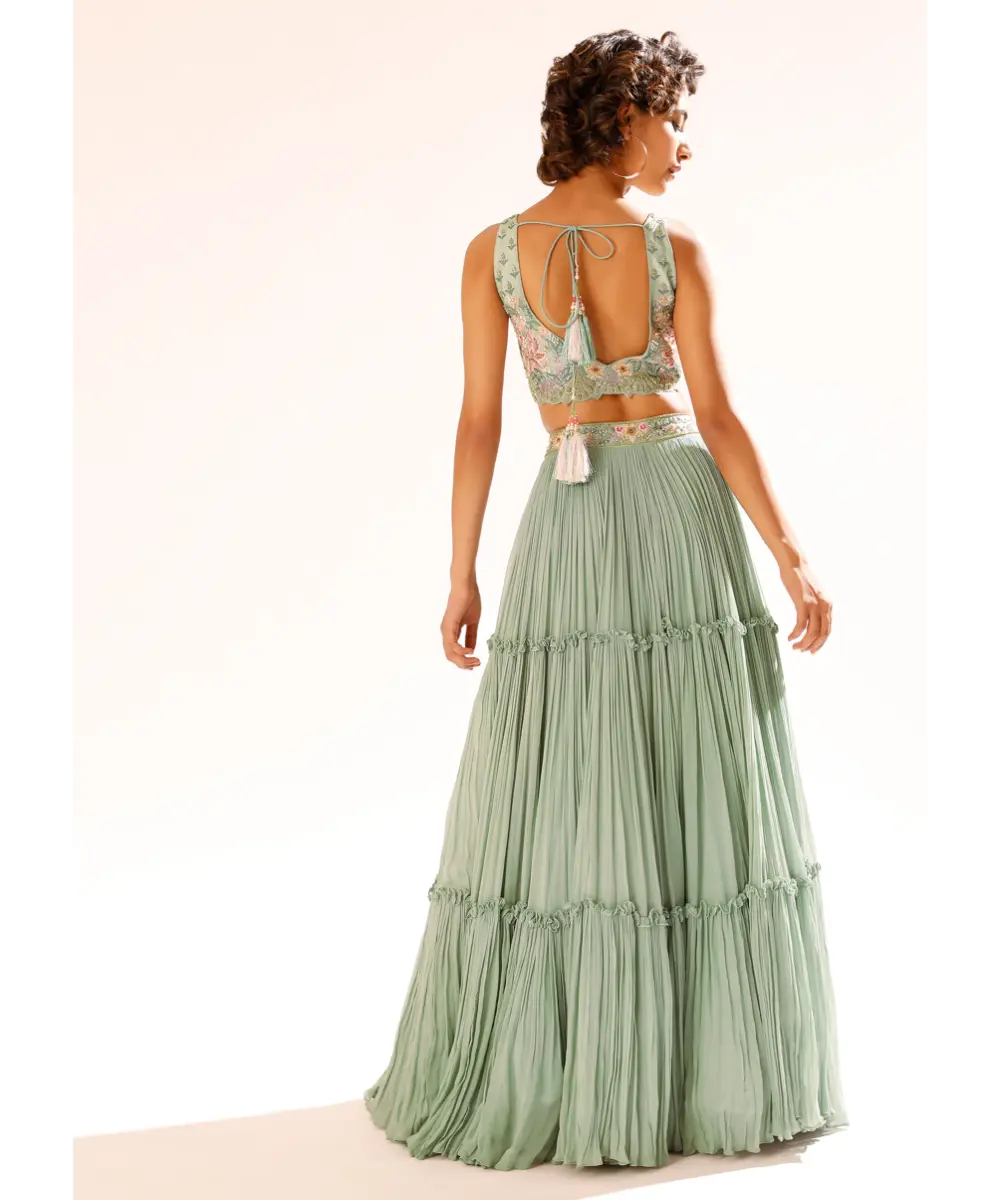 KALKI - Lily Green Tiered Lehenga With Colorful Resham And Moti Embroidery In Floral Motifs