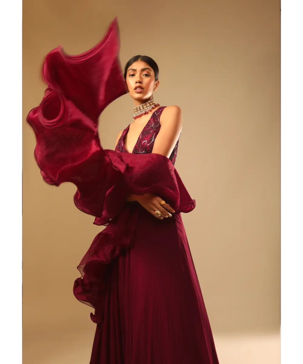 KALKI - Maroon Lehenga And Crop Top With Hand Embroidered Leaf Motifs And A Ruffle Dupatta