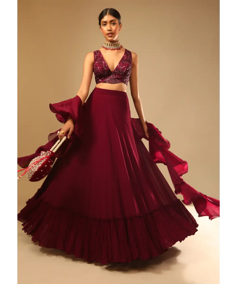 KALKI - Maroon Lehenga And Crop Top With Hand Embroidered Leaf Motifs And A Ruffle Dupatta