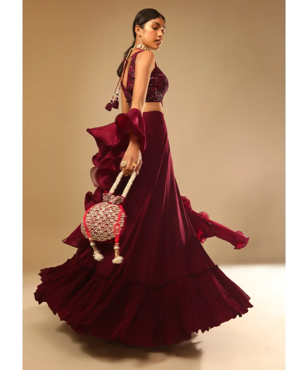 KALKI - Maroon Lehenga And Crop Top With Hand Embroidered Leaf Motifs And A Ruffle Dupatta