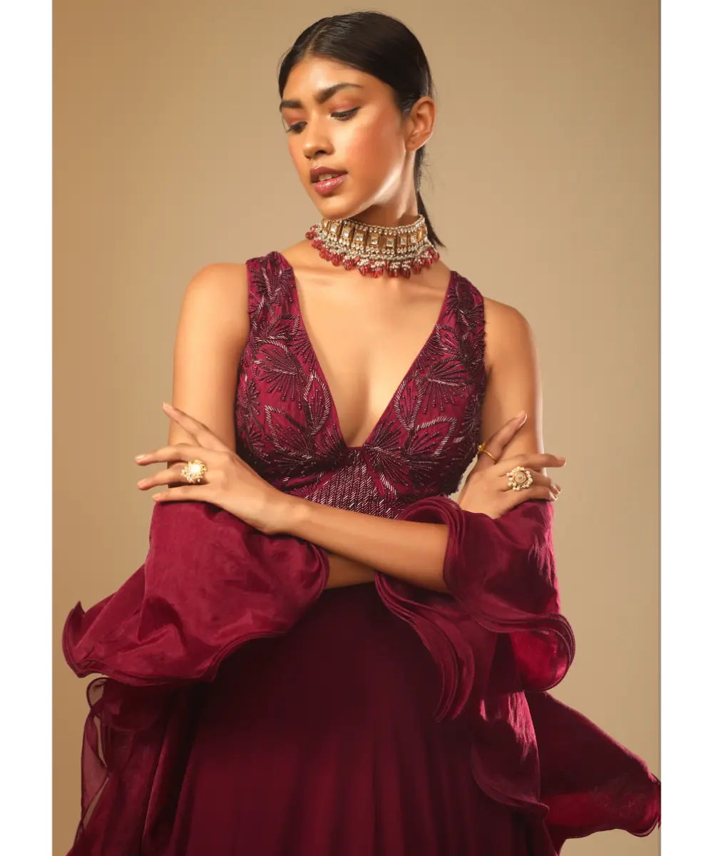 KALKI - Maroon Lehenga And Crop Top With Hand Embroidered Leaf Motifs And A Ruffle Dupatta