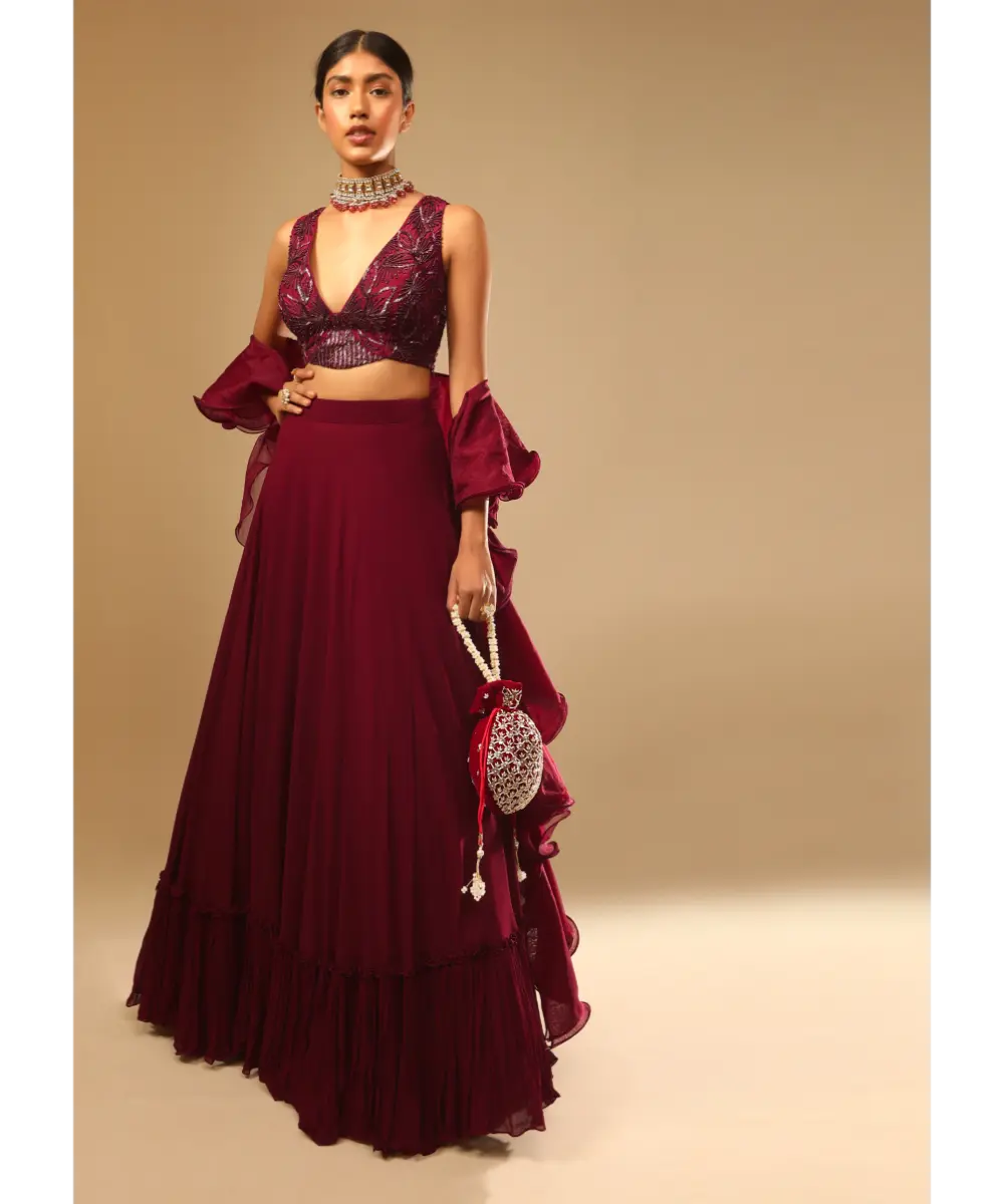 KALKI - Maroon Lehenga And Crop Top With Hand Embroidered Leaf Motifs And A Ruffle Dupatta