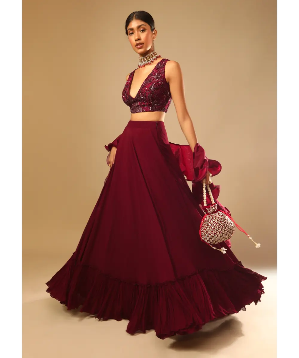 KALKI - Maroon Lehenga And Crop Top With Hand Embroidered Leaf Motifs And A Ruffle Dupatta