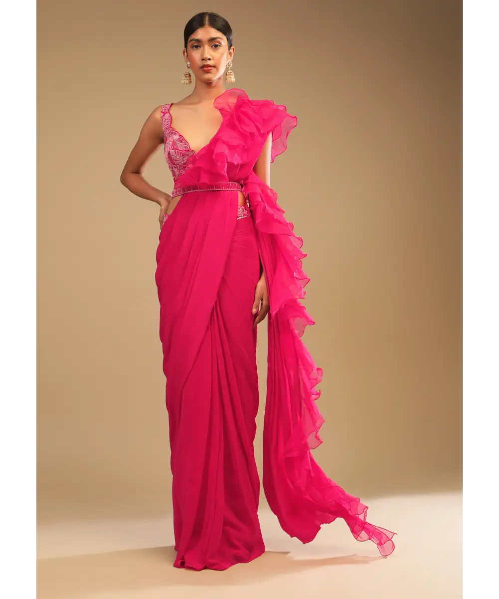 KALKI - Hot Pink Readymade Saree In Crepe With Ruffle Frill On The Pallu And Beads Embroidered Crop Top And Belt