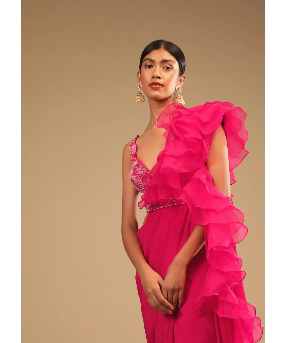 KALKI - Hot Pink Readymade Saree In Crepe With Ruffle Frill On The Pallu And Beads Embroidered Crop Top And Belt