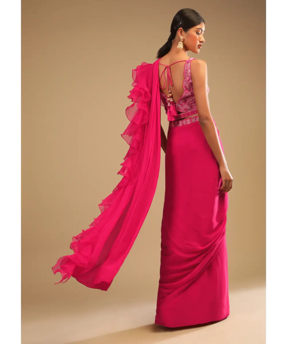 KALKI - Hot Pink Readymade Saree In Crepe With Ruffle Frill On The Pallu And Beads Embroidered Crop Top And Belt
