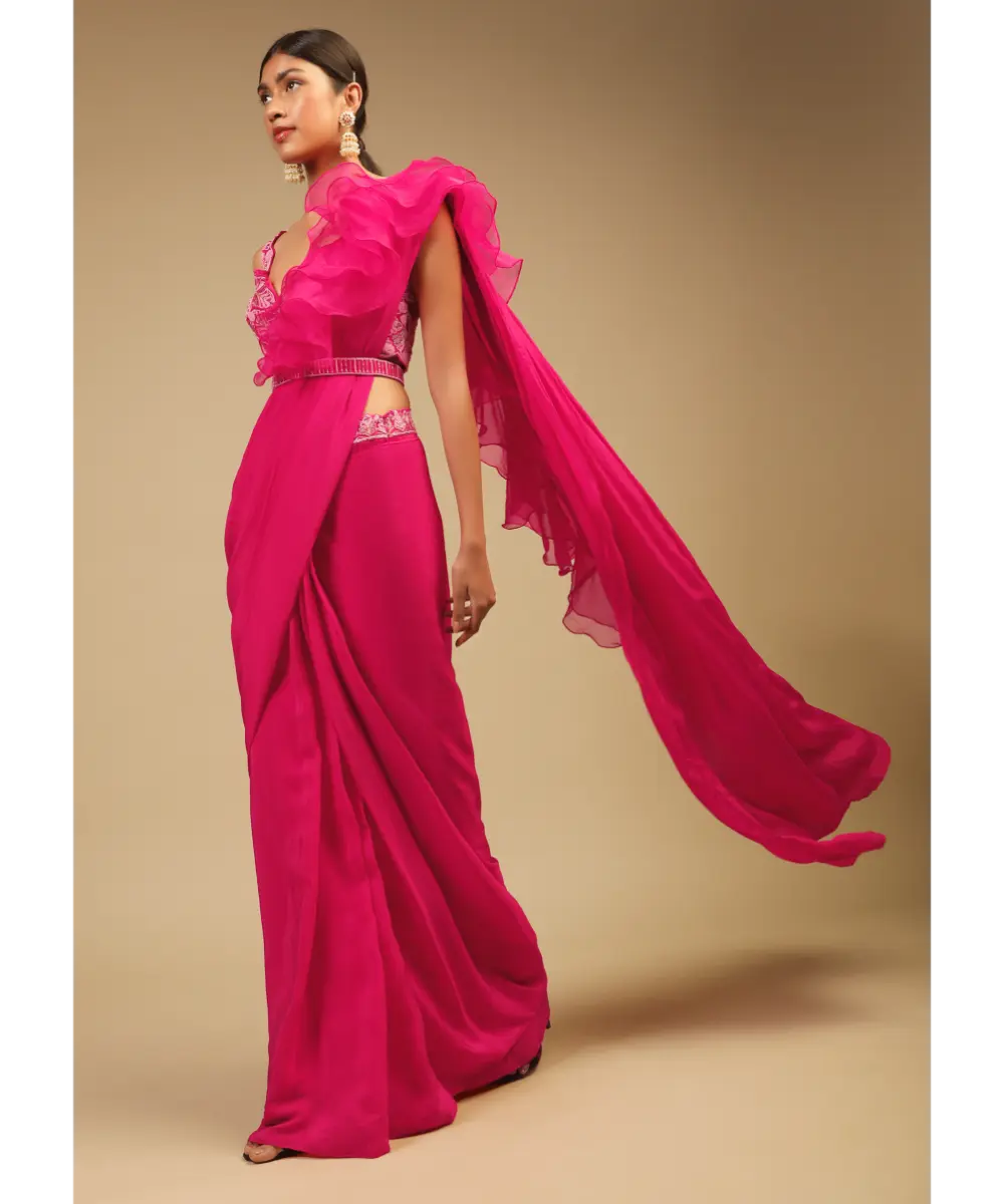 KALKI - Hot Pink Readymade Saree In Crepe With Ruffle Frill On The Pallu And Beads Embroidered Crop Top And Belt