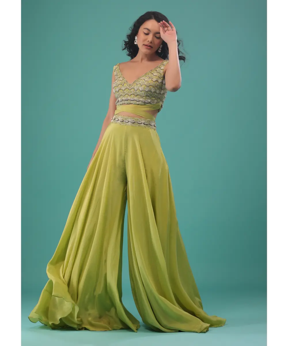 KALKI - Citrus Green Flared Palazzo And A Crop Top Set, Crafted In Crepe With A Side Zip Closure