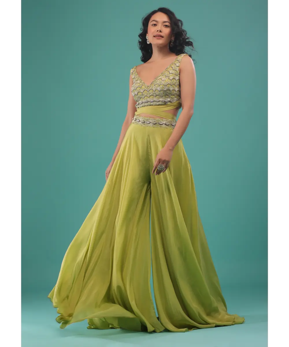KALKI - Citrus Green Flared Palazzo And A Crop Top Set, Crafted In Crepe With A Side Zip Closure