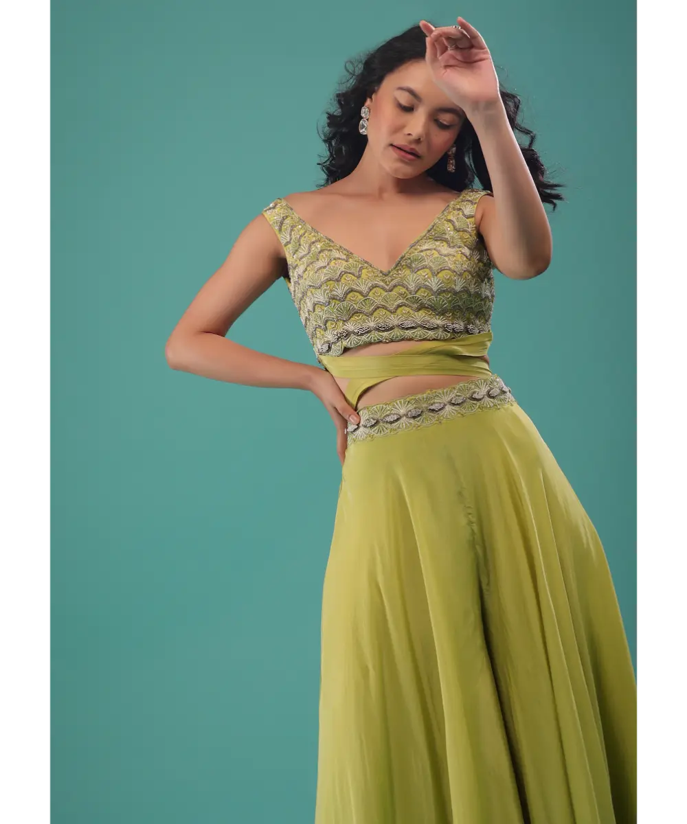 KALKI - Citrus Green Flared Palazzo And A Crop Top Set, Crafted In Crepe With A Side Zip Closure