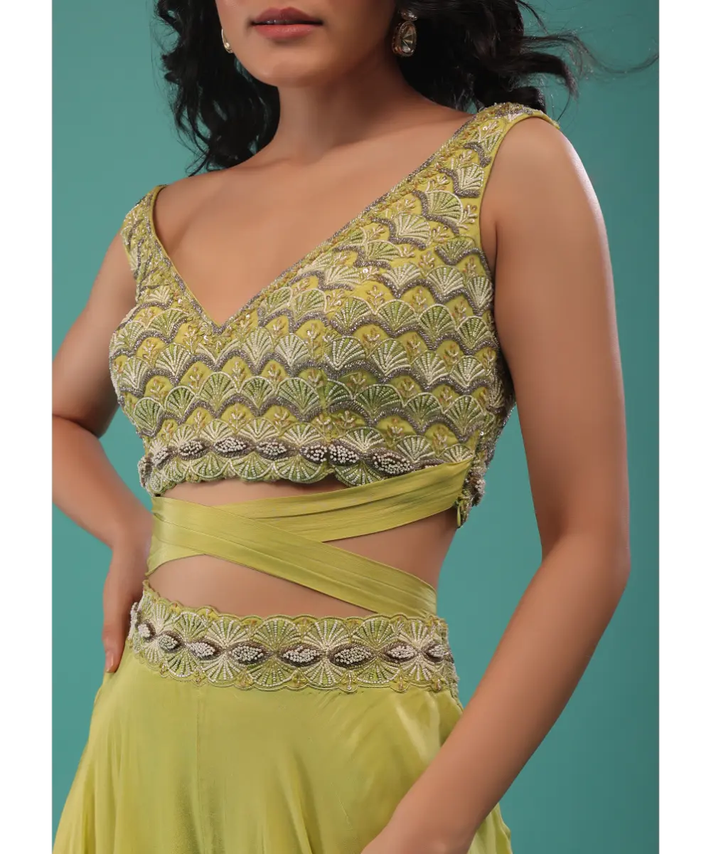 KALKI - Citrus Green Flared Palazzo And A Crop Top Set, Crafted In Crepe With A Side Zip Closure