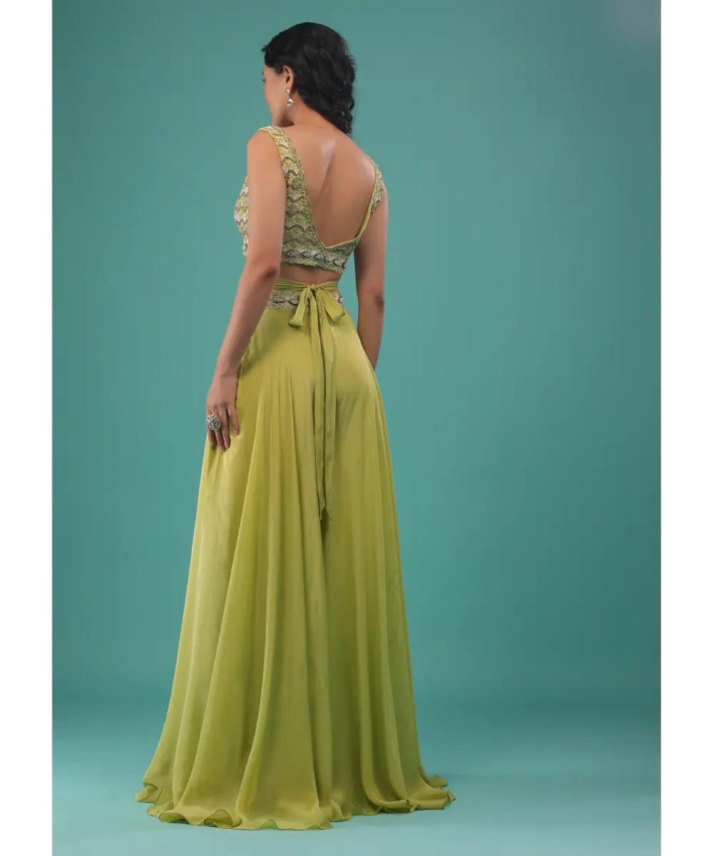 KALKI - Citrus Green Flared Palazzo And A Crop Top Set, Crafted In Crepe With A Side Zip Closure