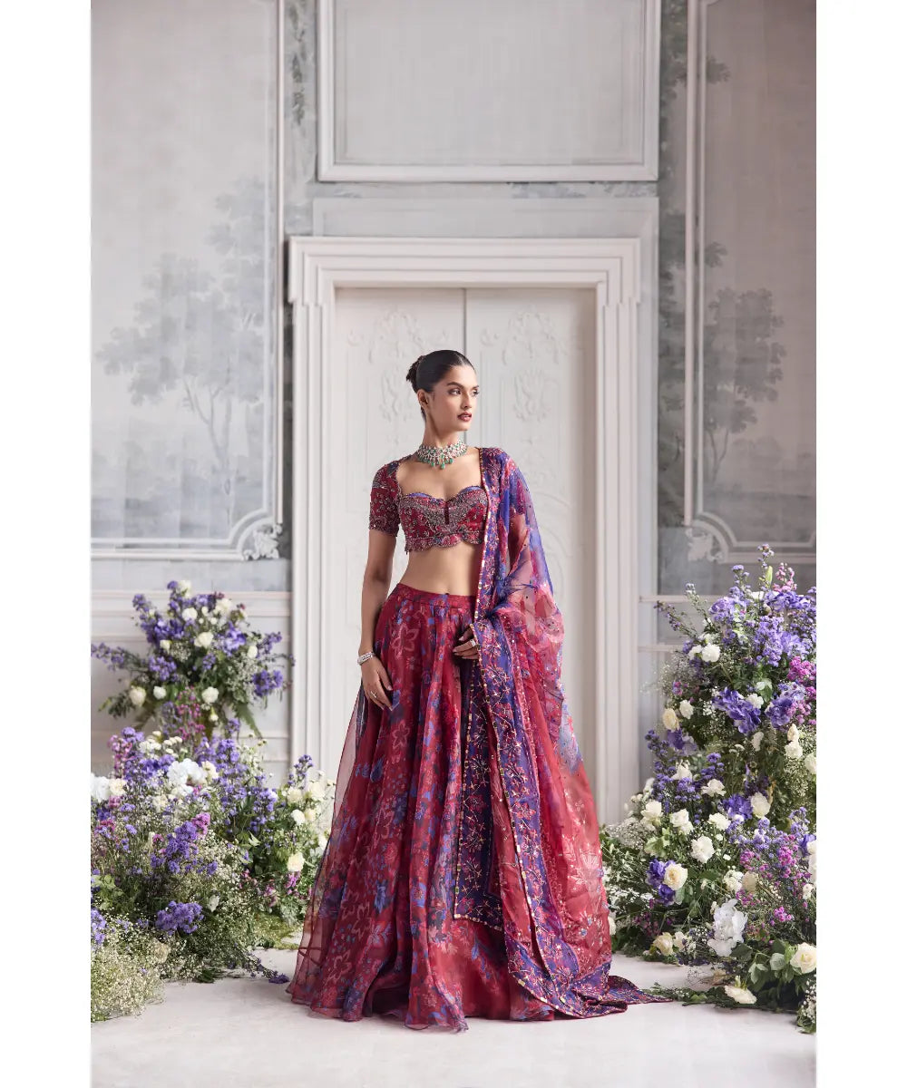 EMBROIDERED SCALLOPED BLOUSE  PAIRED WITH EMBROIDERED DUPATTA AND FLORAL LEHENGA - SHASHA