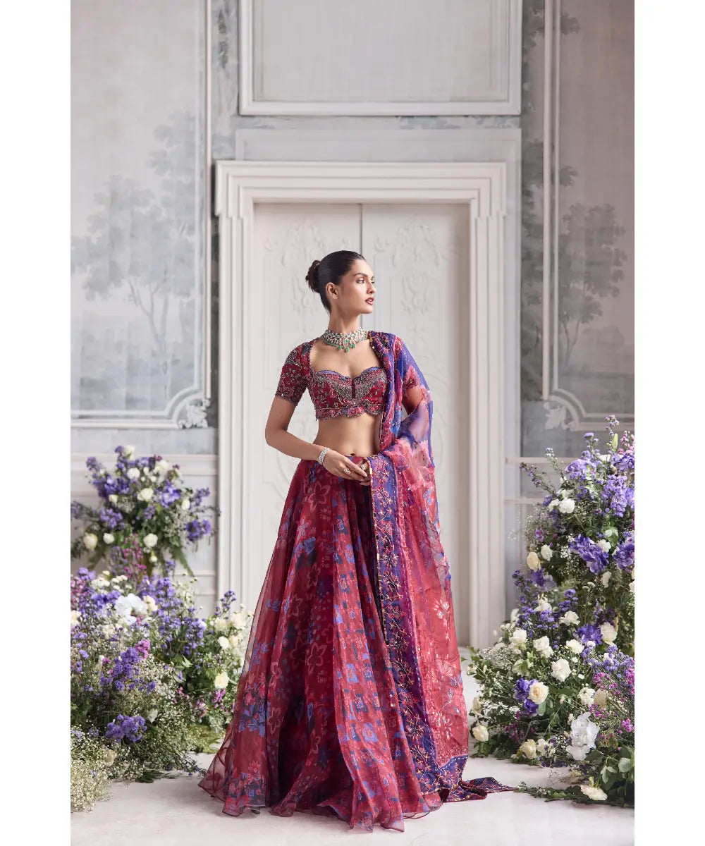EMBROIDERED SCALLOPED BLOUSE  PAIRED WITH EMBROIDERED DUPATTA AND FLORAL LEHENGA - SHASHA