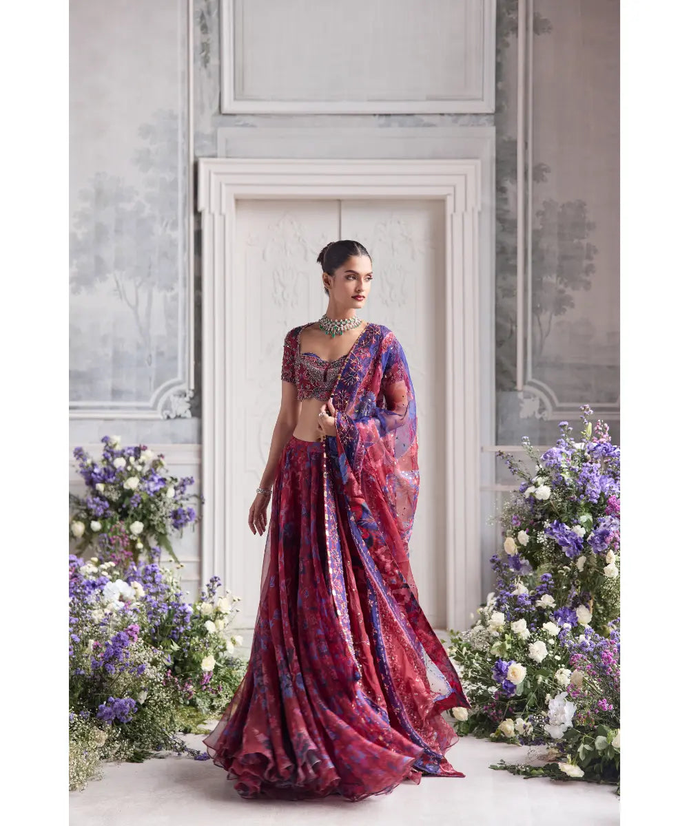 EMBROIDERED SCALLOPED BLOUSE  PAIRED WITH EMBROIDERED DUPATTA AND FLORAL LEHENGA - SHASHA