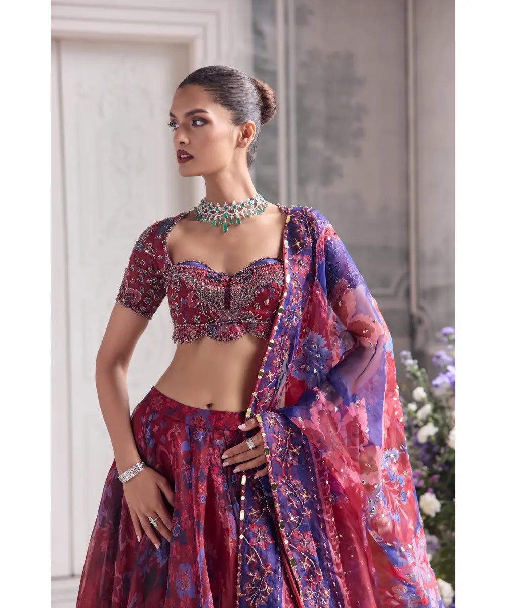 EMBROIDERED SCALLOPED BLOUSE  PAIRED WITH EMBROIDERED DUPATTA AND FLORAL LEHENGA - SHASHA