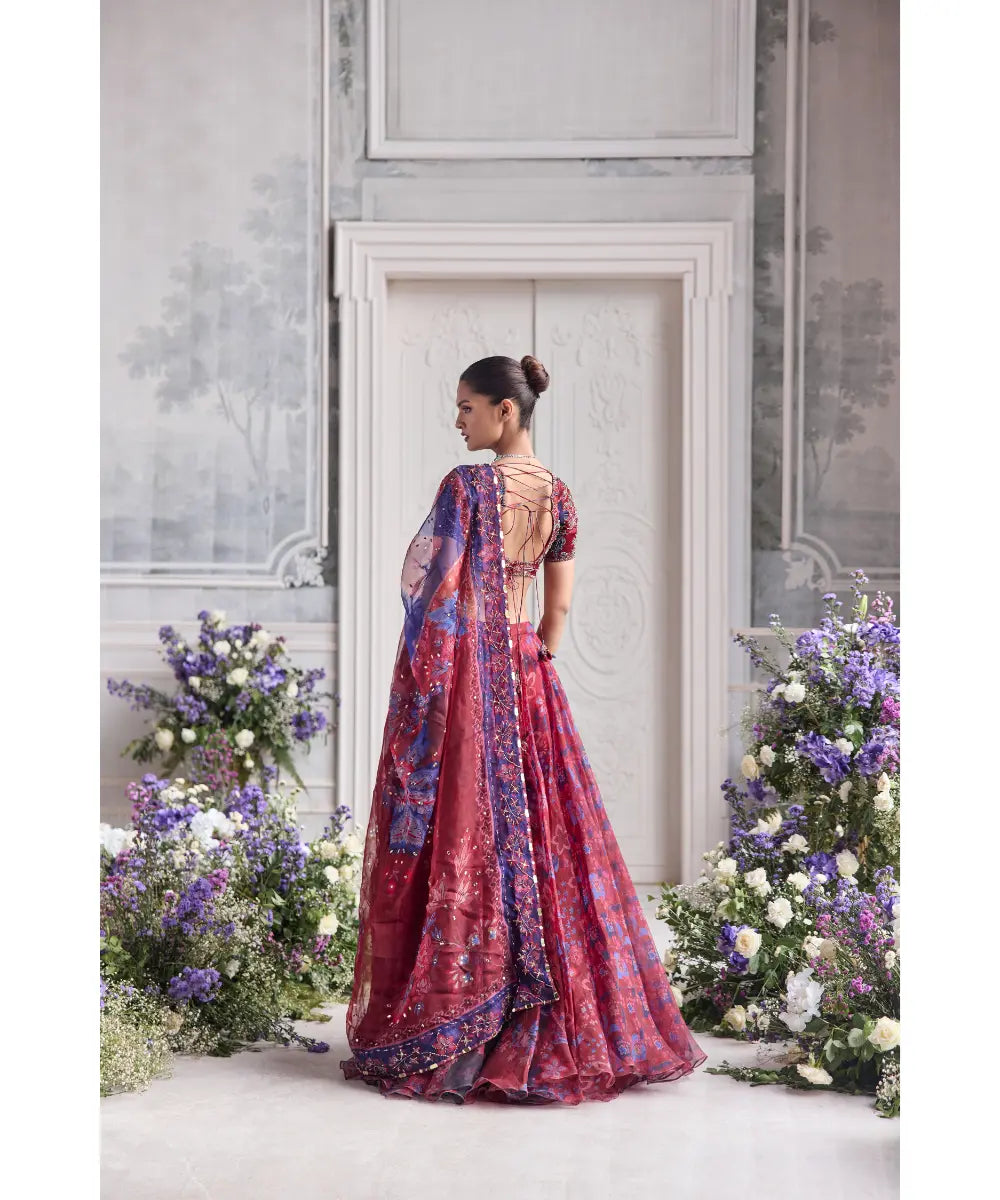 EMBROIDERED SCALLOPED BLOUSE  PAIRED WITH EMBROIDERED DUPATTA AND FLORAL LEHENGA - SHASHA
