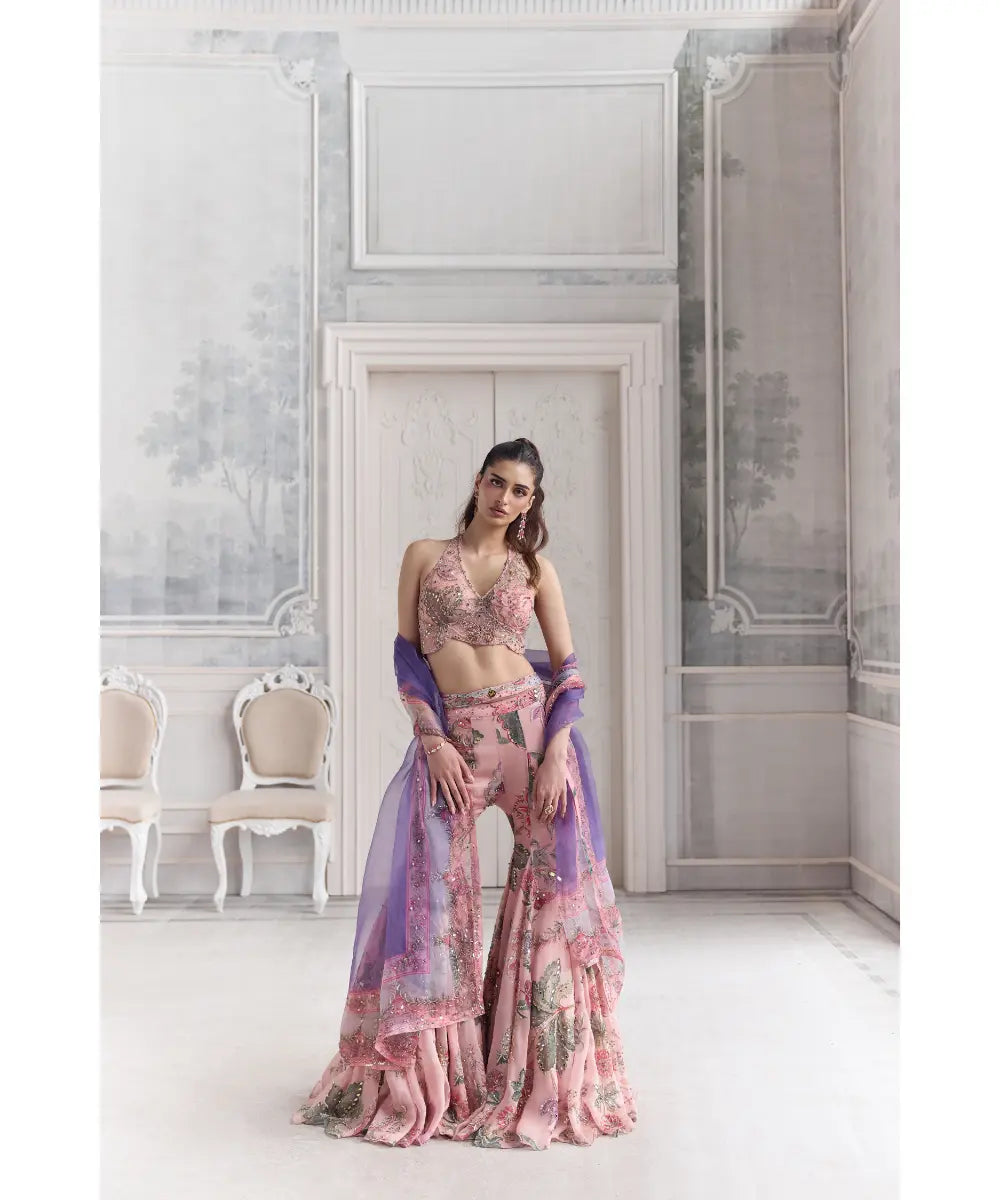 EMBROIDERED HALTER NECK TOP PAIRED WITH EMBROIDERED SHARARA AND DUPATTA - VIARA